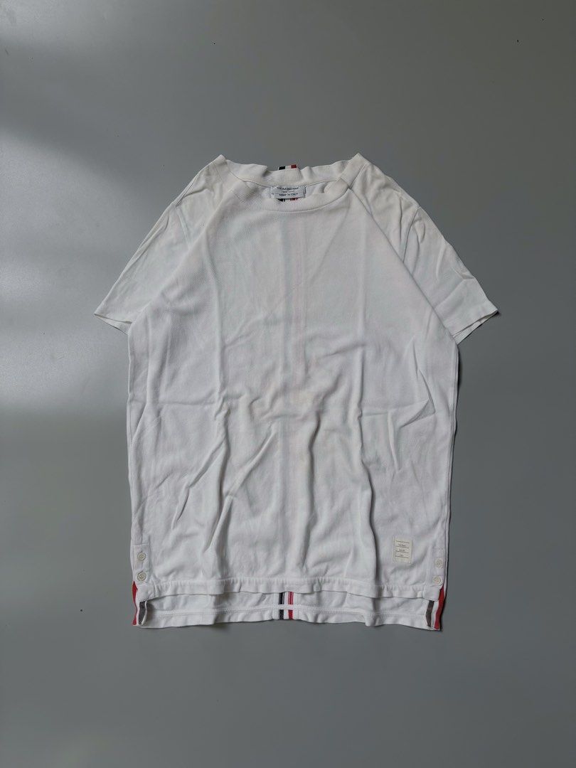 Thom Browne Striped Back Shirt (Category: Luxury Apparel) located in Santa Cruz. Submitted by devbook1 (Listing ID 1457824402, Image 1). Description: Thom Browne Striped Back Shirt L: 27.5 W: 21.5 Excellent Condition Off/Legit *may parang napatakan ng konti ng zonrox ata yung sa may laylayan, look nalang po sa last pic but still presentable .