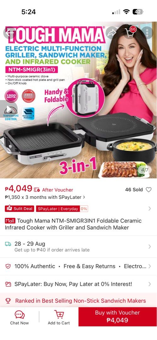 Tough Mama Electric Multi-Function Griller, Sandwich Maker, Infrared Cooker (Category: Cookware & Accessories) located in Makati City. Submitted by Cole19 (Listing ID 1457795881, Image 2). Description: - Tough Mama 3-in-1 Electric Multi-Function Cooker - Functions: Griller, Sandwich Maker, Infrared Cooker - Features: Non-stick coated plate and grill pan - Easy to use: Temperature control and ON/OFF knob - Convenient: Handy and foldable design - P