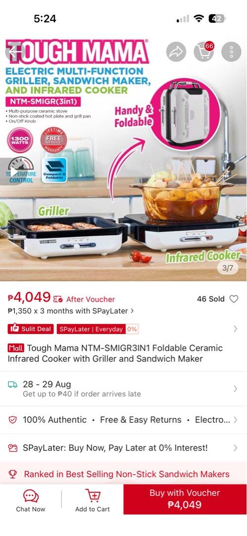 Tough Mama Electric Multi-Function Griller, Sandwich Maker, Infrared Cooker (Category: Cookware & Accessories) located in Makati City. Submitted by Cole19 (Listing ID 1457795881, Image 3). Description: - Tough Mama 3-in-1 Electric Multi-Function Cooker - Functions: Griller, Sandwich Maker, Infrared Cooker - Features: Non-stick coated plate and grill pan - Easy to use: Temperature control and ON/OFF knob - Convenient: Handy and foldable design - P