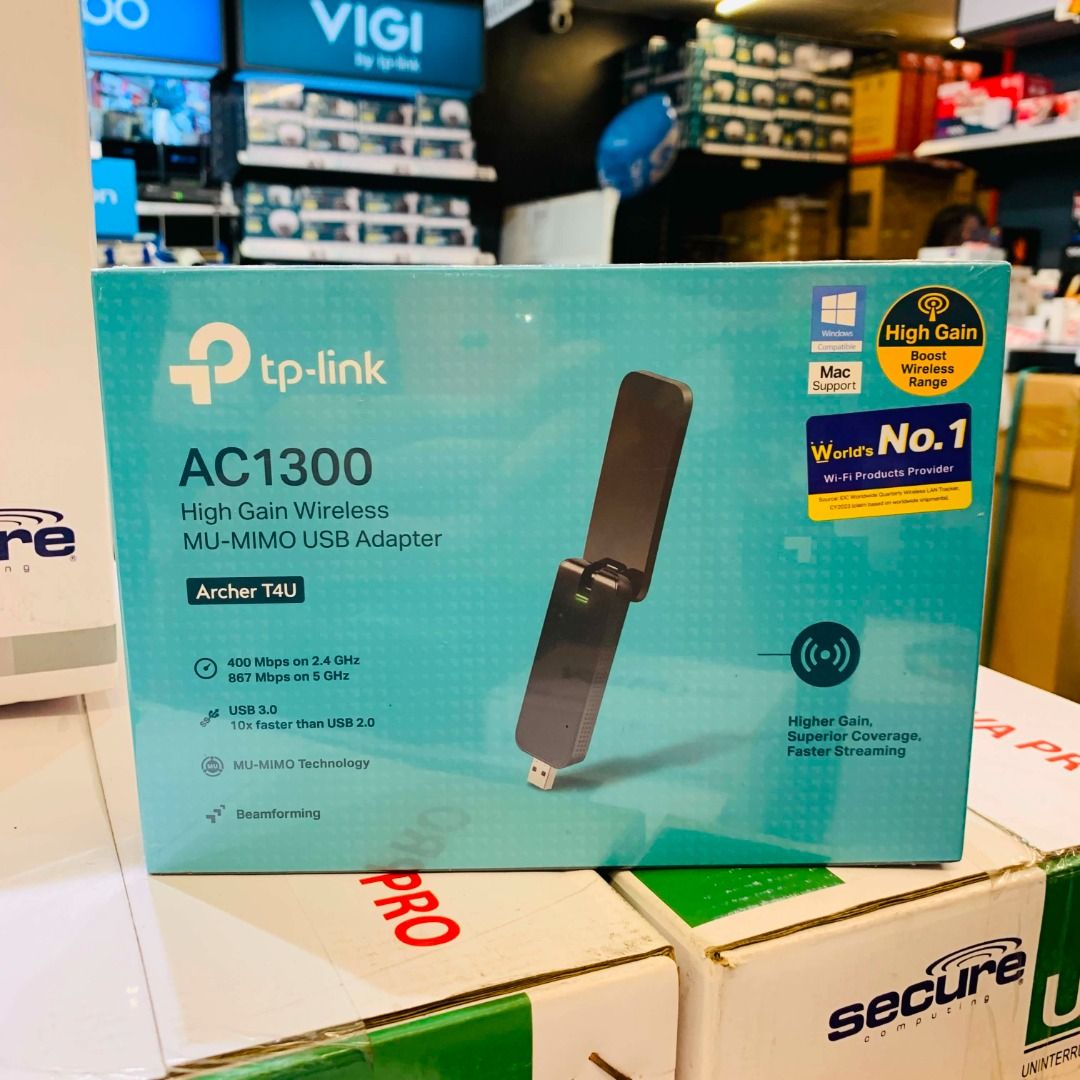 TP-Link AC1300 High Gain Wireless MU-MIMO USB Adapter Archer T4U (Category: Cables & Adaptors) located in Caloocan City. Submitted by swiftdeer.cf08f3 (Listing ID 1457775661, Image 1). Description: - TP-Link Archer T4U AC1300 USB Wi-Fi Adapter - High Gain for Extended Wireless Range - Faster Streaming and Downloads - MU-MIMO Technology for Efficient Connections - Beamforming for Targeted Wi-Fi Signals - USB 3.0 for SuperSpeed Data Transfer - Comp