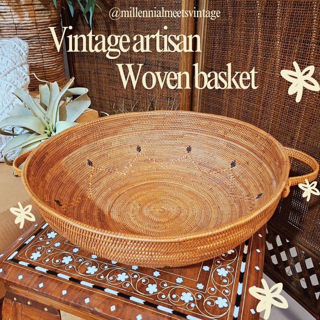 Vintage artisan hand woven basket (Category: Storage Boxes & Baskets) located in Dasmarinas. Submitted by millennialmeetsvintage (Listing ID 1457813848, Image 1). Description: 43 cm diameter 13cm depth in excellent condition last price posted, no haggling 🙅🏻‍♀️ 🌍ships from DASMA, CAVITE 🚚 shipping via Lalamove only ❌no reservations, first-to-pay basis ❌no physical store, no walk-ins ❌no COD transactions.