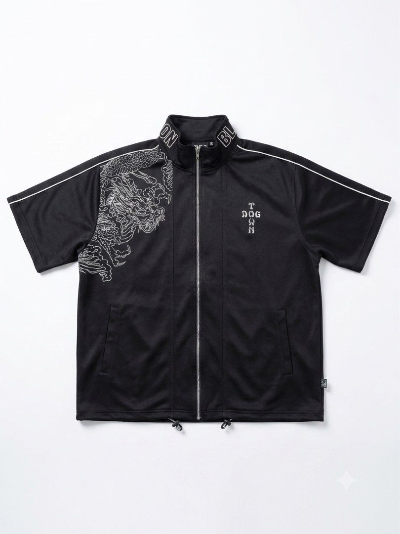 VINTAGE Y2K DOGTOWN (Category: Tshirts & Polo Shirts ) located in Manila. Submitted by fuckfreeworld (Listing ID 1457833287, Image 1). Description: - Black short sleeve track jacket - White dragon embroidery on left chest and collar - 'T DOG N' graphic on right chest - White piping on sleeves and collar - Zipper closure - Adjustable drawstring hem - Two side pockets.