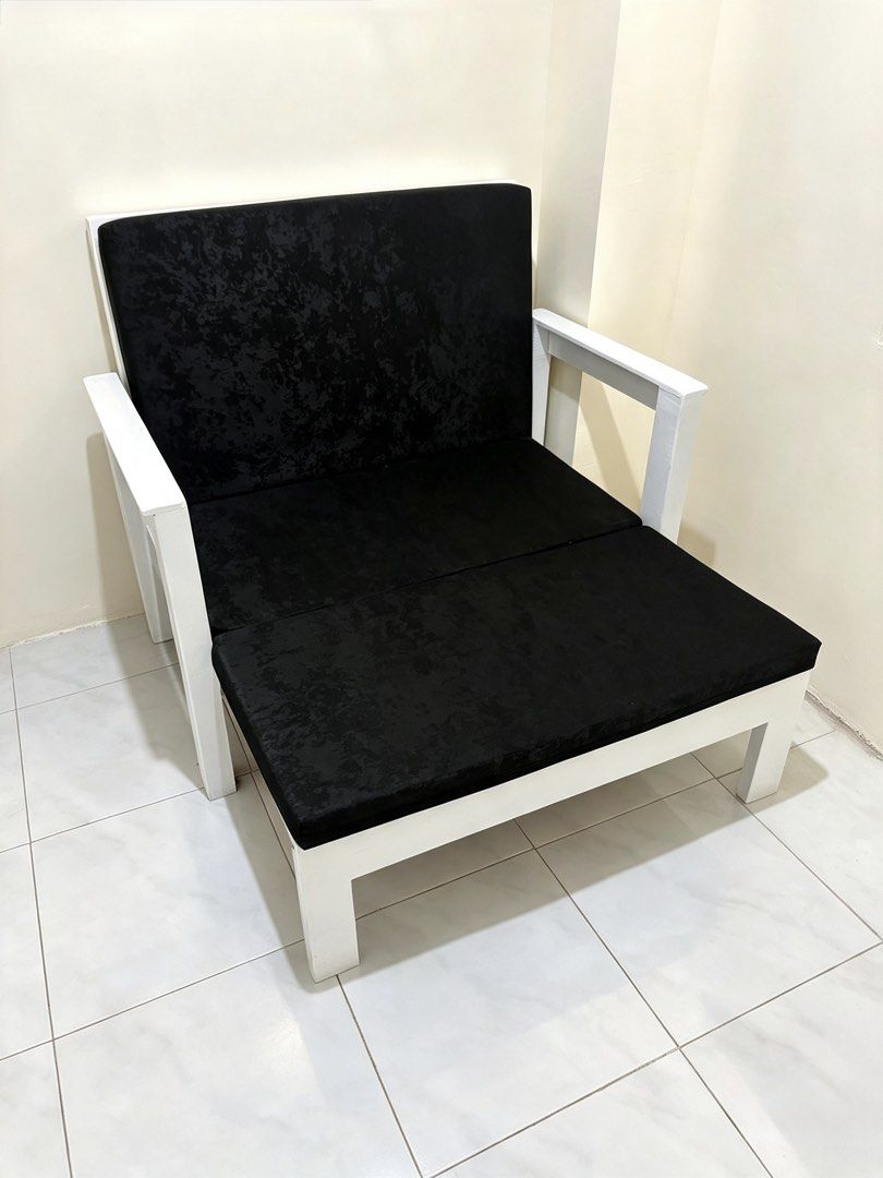 White Frame Black Sofa Bed with Cushions (Category: Sofas) located in Manila. Submitted by shuri_19 (Listing ID 1457734916, Image 3). Description: White frame sofa bed with black cushions. Converts to sofa, lounger, or bed. Modern, space-saving design..