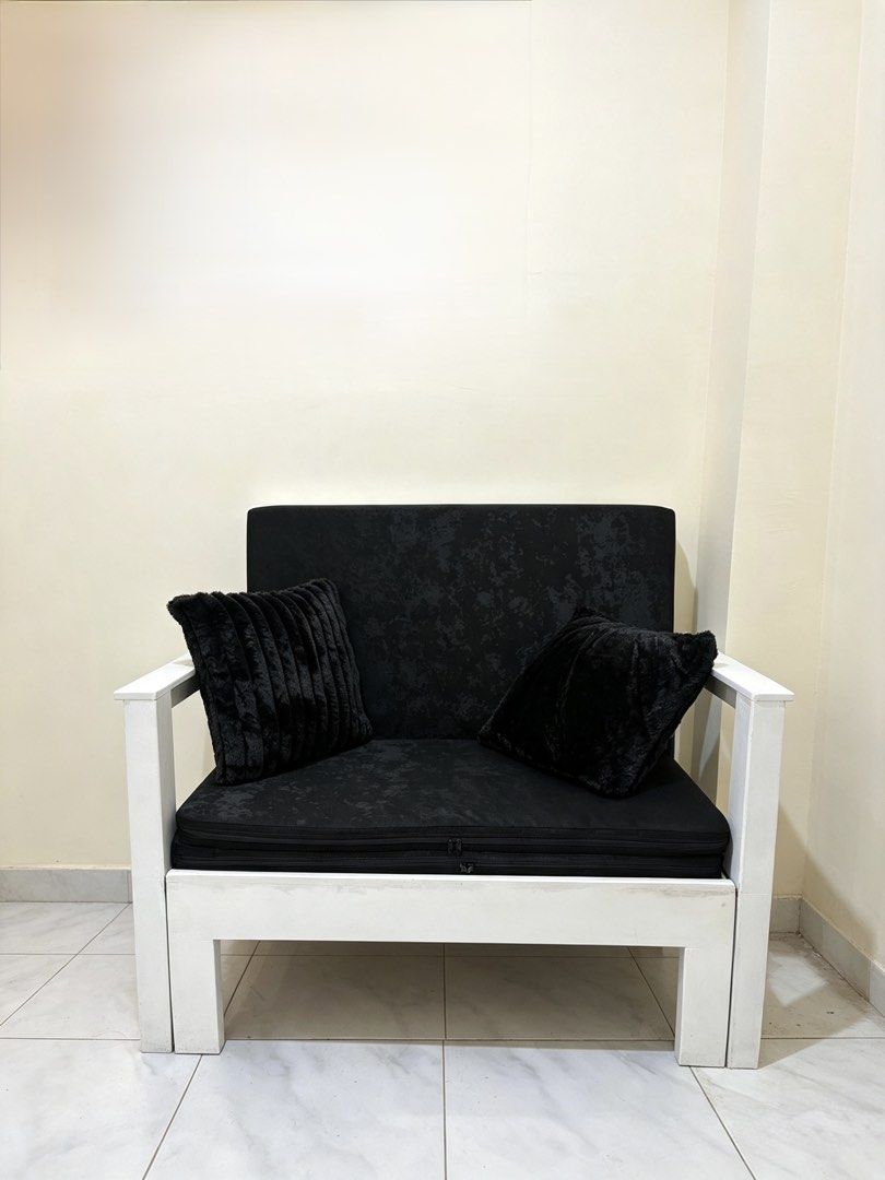 White Frame Black Sofa Bed with Cushions (Category: Sofas) located in Manila. Submitted by shuri_19 (Listing ID 1457734916, Image 2). Description: White frame sofa bed with black cushions. Converts to sofa, lounger, or bed. Modern, space-saving design..