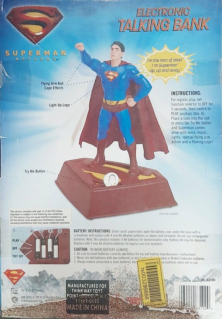 2006 Thinkway Toys DC Superman Returns Electronic Talking Bank (Category: Vintage Collectibles) located in Liloan. Submitted by angelyneroberts_171329 (Listing ID 1458028029, Image 2). Description: FOR SALE 2006 Thinkway Toys DC Superman Returns Electronic Talking Bank DESCRIPTION : - Manufacturer: Thinkway Toys. - Release Year: 2006. - Theme: Based on the Superman Returns film starring Brandon Routh. - Features: Includes electronic talking sound