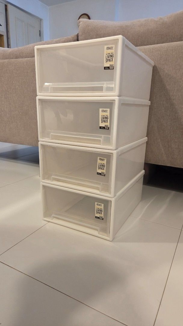 4 Stackable Plastic Drawers (Category: Storage Boxes & Baskets) located in Singapore. Submitted by ryujnyangjibsa (Listing ID 1457985497, Image 1). Description: External measurements for 1 drawer: depth 40cm, width 30cm, height 15.5cm $6 for the lot but please pick up from my Buangkok address.