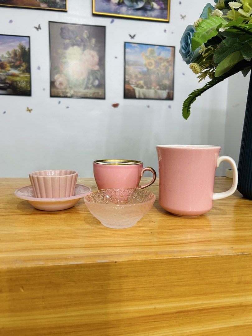 5 piece curated pink set! 🎀 (Category: Coffee & Tea Tableware) located in Bustos. Submitted by gthings.collectibles (Listing ID 1457982370, Image 1). Description: 5 piece curated pink set! 🎀 Complete with Mikasa and gilded Nakayama Japan pieces. Please manage expectations, with minor visible stains. Take all bundle! Comment “Mine” to claim. ✨ Yours at ₱400 only!! #PinkAesthetic #japansurplus #mugs #collectibles #gthings.