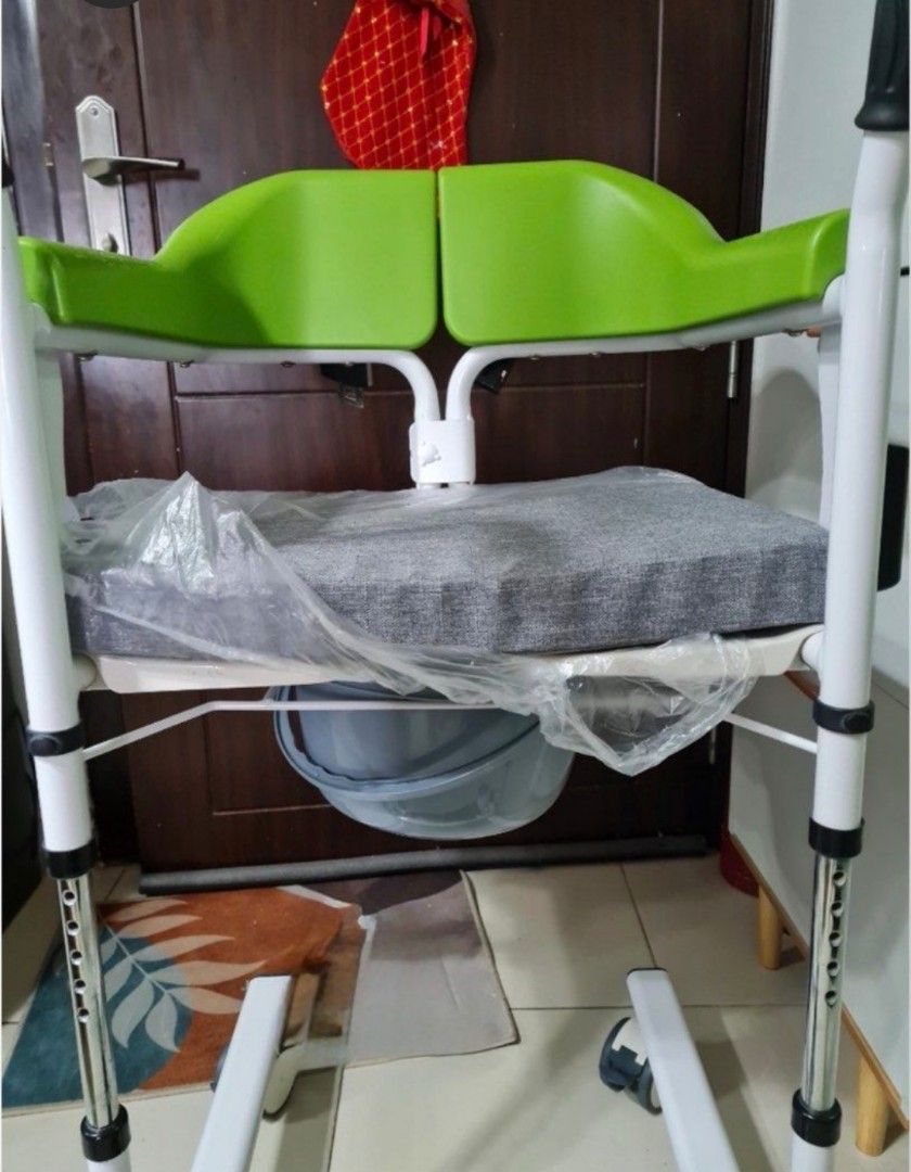 Adjustable Commode Chair with Seat and Bucket (Category: Medical Supplies & Tools) located in Manila. Submitted by anneriziel (Listing ID 1458020127, Image 1). Description: - Adjustable height legs for customized comfort - Padded seat covered in durable plastic - Includes a convenient bucket - Contoured green armrests for enhanced support - Perfect for elderly individuals or those requiring mobility assistance.