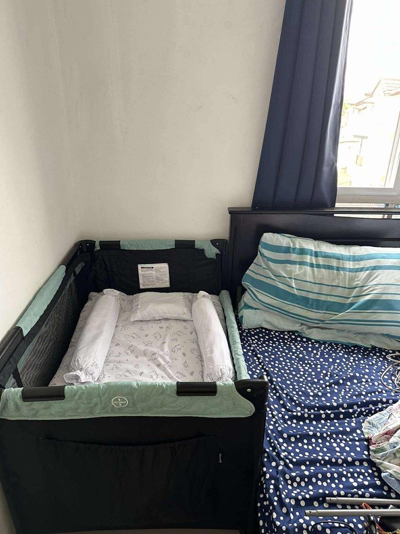 Apruva Co Sleeper Crib and Playpen (Category: Cots & Cribs) located in Mandaluyong City. Submitted by almachristinecruz8160 (Listing ID 1457936260, Image 1). Description: Specifications: • Dimensions (cm): 102 x 72 x 81 • Weight (kg): 10 • Adjustable mattress • One side of the playpen can slide down to convert to co-sleeper • Removable mosquito net • Airy Mesh on all sides for maximum ventilation • Easy Fold/Storage Conveniently folds up for easy