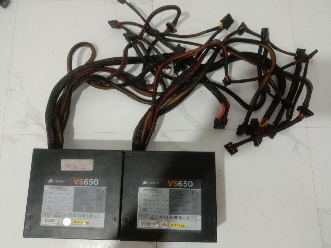 Assorted PC Power Supply Units - Cougar, Corsair, HEC (Category: Computer Parts) located in Bulacan. Submitted by romil0704961168 (Listing ID 1458026273, Image 3). Description: Selling a bundle of PC power supply units. Includes multiple Cougar 700W, Cougar RS 650W, Corsair VS650, Corsair CV550, and one HEC ACE 480PB. All units come with their respective cables. Great for builds or replacements. Please check photos for specific models and details
