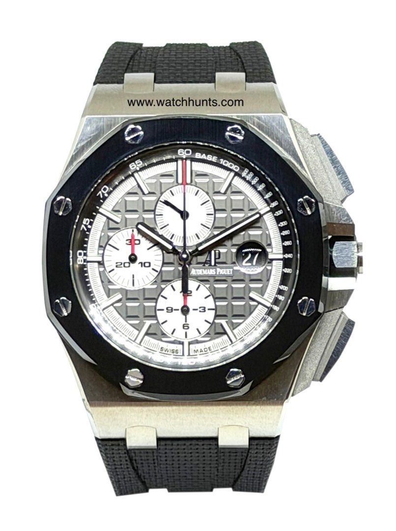 Audemars Piguet Royal Oak Offshore 26400IO.OO.A004CA.01 Novelty Grey (Category: Watches) located in Singapore. Submitted by watchhunts (Listing ID 1457979425, Image 1). Description: Visit our tele group for live updates! https://bit.ly/4c8ix8u Audemars Piguet Royal Oak Offshore Chrono Model No. - 26400IO.OO.A004CA.01 Condition - Pre-Owned, Hairline Scratches Case Material - Titanium Case Diameter - 44mm Movement - Automatic Certificate Details - 