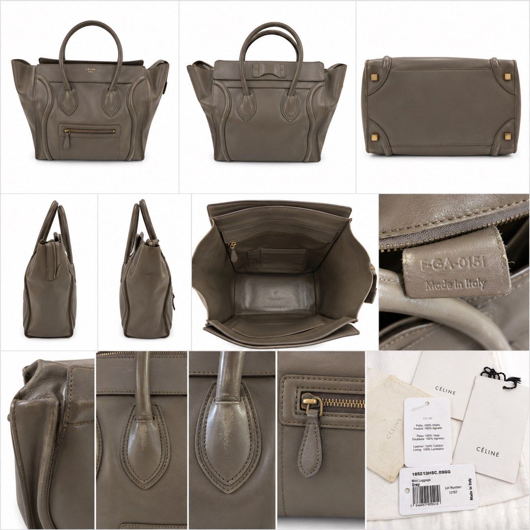Authentic Celine Mini Luggage Tote Bag Grey Leather (Category: Luxury Bags & Wallets) located in Quezon City. Submitted by shoppingcartmnl (Listing ID 1454067113, Image 1). Description: - Authentic Celine Mini Luggage tote - Color: Grey - Material: Calfskin - Lining: Lambskin - Features: Front zip pocket, top handles - Includes: Dust bag, authenticity cards - Condition: Visible scuffs on leather and handles - Perfect for everyday use.
