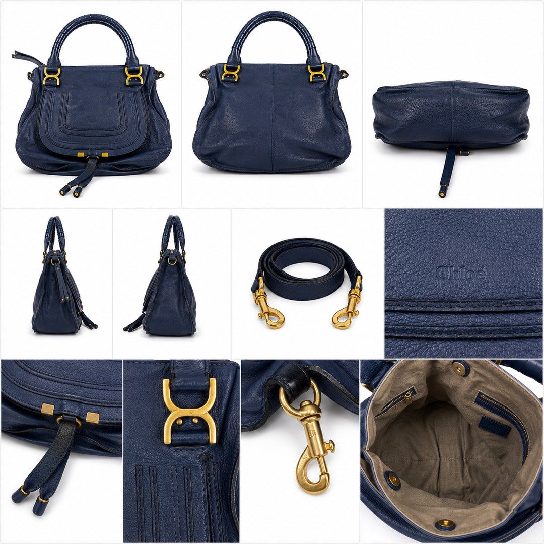 Authentic Chloe Marcie Medium Satchel Navy Blue Leather (Category: Luxury Bags & Wallets) located in Quezon City. Submitted by shoppingcartmnl (Listing ID 1454061495, Image 1). Description: - Authentic Chloe Marcie satchel - Deep navy blue pebbled leather - Gold hardware details - Top handle and detachable shoulder strap - Interior zip pocket and slip pocket - Dust bag and tags included - Great everyday bag.