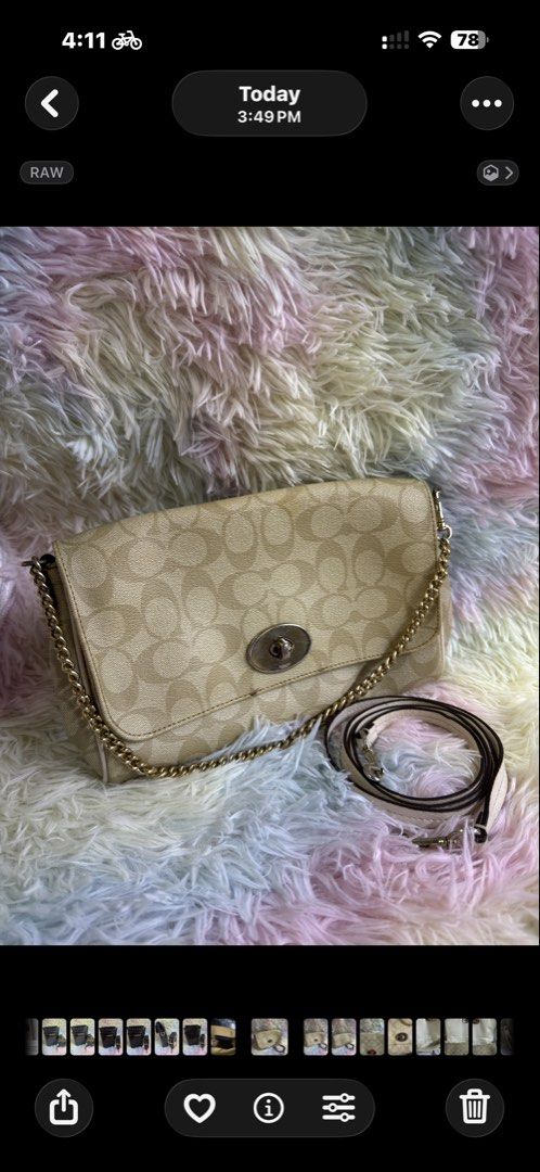 Authentic Coach Mini Ruby Crossbody Bag — Signature Canvas (Category: Luxury Bags & Wallets) located in Rizal. Submitted by affordabagz (Listing ID 1457977321, Image 1). Description: ✅ Details & Condition: • Material: Signature coated canvas + leather trim • Hardware: Gold-tone turnlock closure + chain detail • ✔️ 2 straps included: decorative chain strap + detachable leather crossbody strap — versatile styling! • Features: Front flap turnlock, i