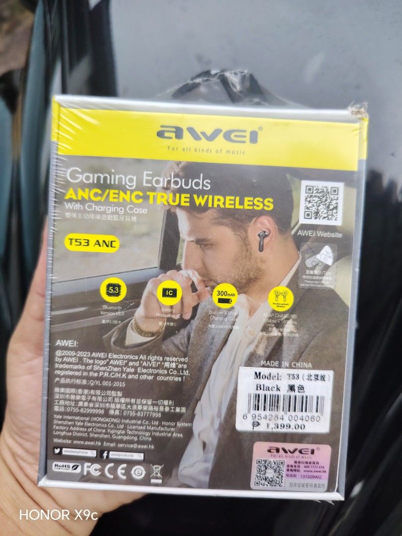 Awei T53 ANC True Wireless Gaming Earbuds Black (Category: Earphones) located in Manila. Submitted by marvieobordo (Listing ID 1457968218, Image 3). Description: - Awei T53 ANC Gaming Earbuds - True Wireless with Active Noise Cancellation (ANC) and Environmental Noise Cancellation (ENC) - Latest Bluetooth 5.3 for stable connection - Up to 7 hours of music playtime on a single charge - Quick 1-hour charging time - Earbud battery: 40mAh - Charging 