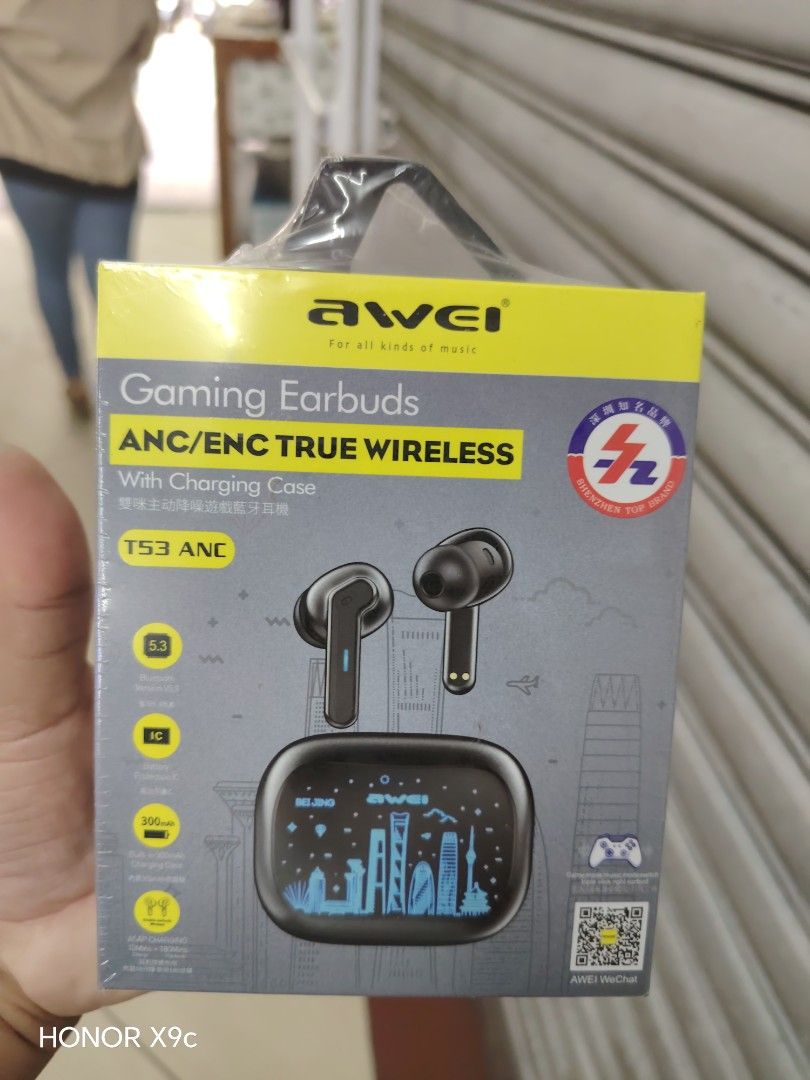 Awei T53 ANC True Wireless Gaming Earbuds Black (Category: Earphones) located in Manila. Submitted by marvieobordo (Listing ID 1457968218, Image 1). Description: - Awei T53 ANC Gaming Earbuds - True Wireless with Active Noise Cancellation (ANC) and Environmental Noise Cancellation (ENC) - Latest Bluetooth 5.3 for stable connection - Up to 7 hours of music playtime on a single charge - Quick 1-hour charging time - Earbud battery: 40mAh - Charging 