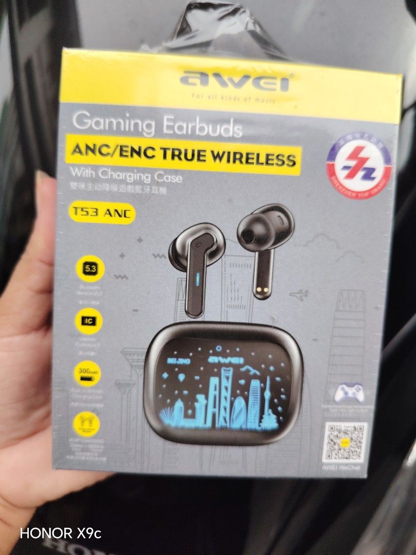 Awei T53 ANC True Wireless Gaming Earbuds Black (Category: Earphones) located in Manila. Submitted by marvieobordo (Listing ID 1457968218, Image 2). Description: - Awei T53 ANC Gaming Earbuds - True Wireless with Active Noise Cancellation (ANC) and Environmental Noise Cancellation (ENC) - Latest Bluetooth 5.3 for stable connection - Up to 7 hours of music playtime on a single charge - Quick 1-hour charging time - Earbud battery: 40mAh - Charging 