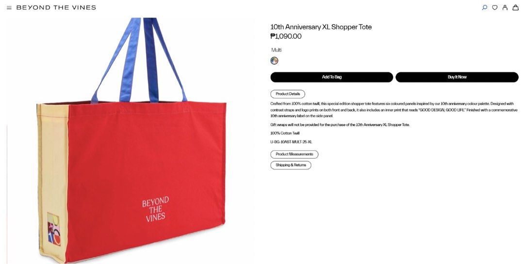 Tote Bag (Category: Tote Bags) located in Taguig. Submitted by jocends (Listing ID 1458083159, Image 2). Description: - Beyond The Vines 10th Anniversary XL Shopper Tote - Measurements: W61.5cm x H40.5cm x D14cm - Material: 100% Cotton Twill .