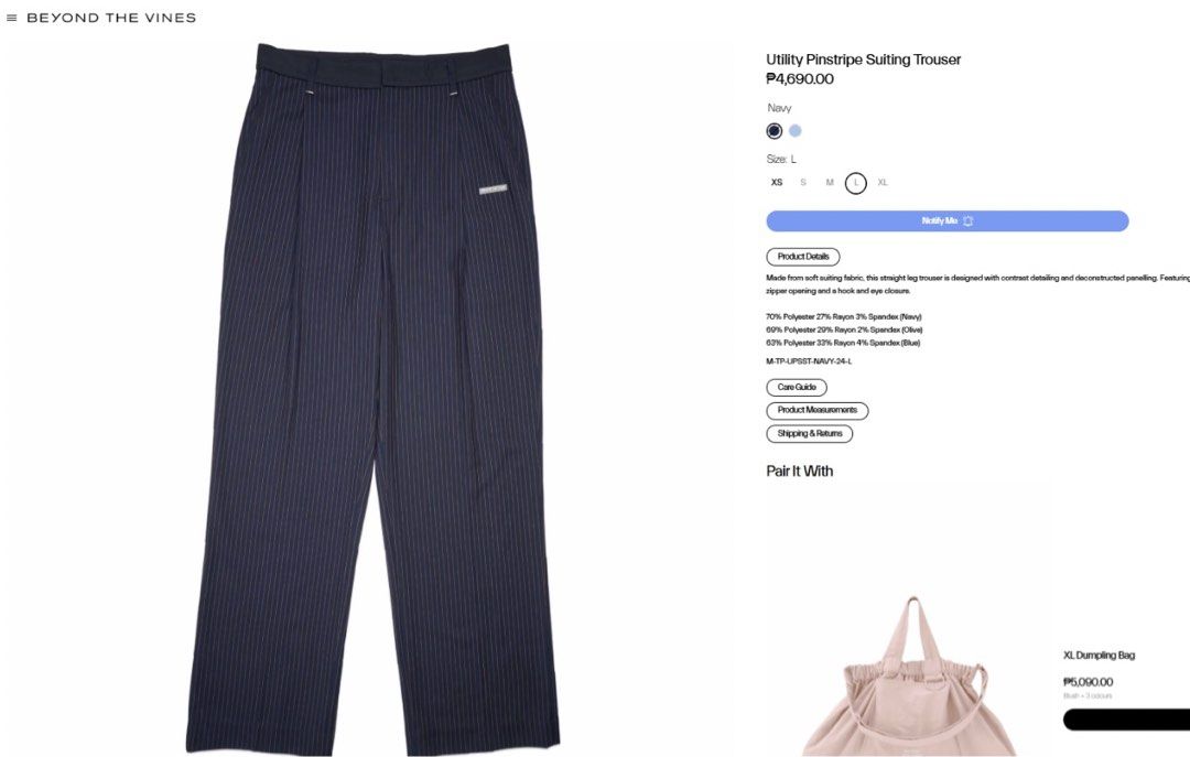 Men’s Trouser (Category: Trousers) located in Taguig. Submitted by jocends (Listing ID 1458085135, Image 1). Description: - Brand: Beyond The Vines - Color: Olive - Pattern: Pinstripe - Fit: Straight leg - Material: Soft suiting fabric - Closure: Zip and hook - Condition: Brand new with tags, never worn.