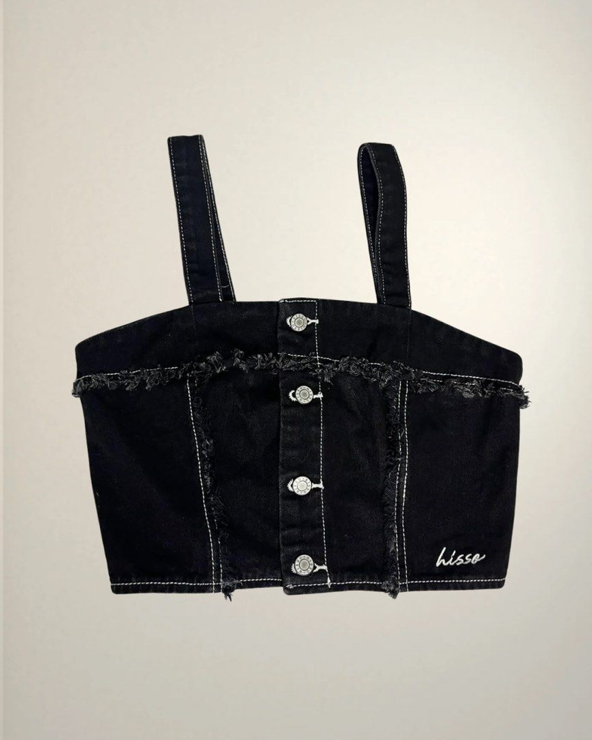 Black denim crop top (Category: Sleeveless) located in Dasmarinas. Submitted by caitswardrobe (Listing ID 1458036887, Image 1). Description: Length - 9.5 Width - 30.