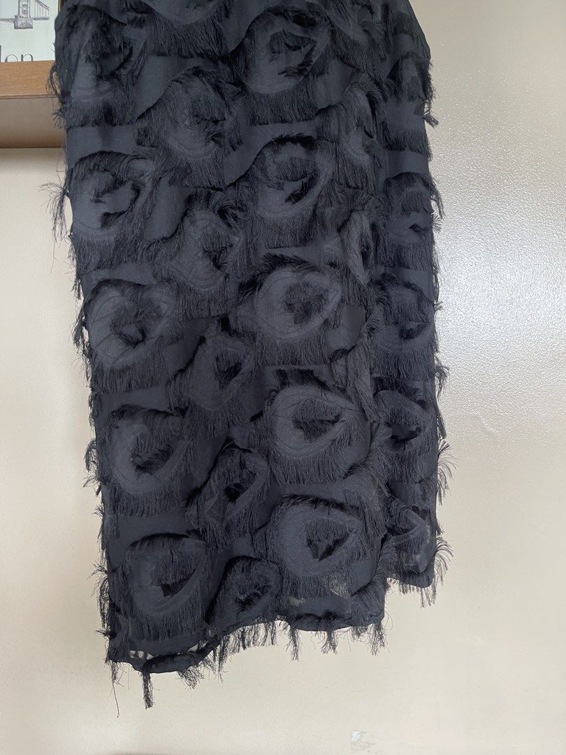 Black fringe dress (Category: Dresses) located in Quezon City. Submitted by booktt (Listing ID 1457990749, Image 2). Description: black sleeveless dress featuring a sheer mesh upper panel and all-over textured fringe swirl details - last pic grabbed, for inspiration only.