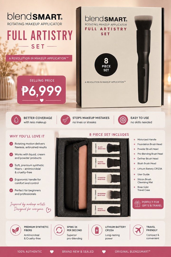 BlendSMART Rotating Makeup Applicator Full Artistry Set (Category: Makeup) located in San Mateo. Submitted by glamgirl.mnl (Listing ID 1457920460, Image 1). Description: - Achieve flawless, airbrushed makeup with the 8-piece BlendSMART set. - Features a unique rotating motion for seamless application. - Works with liquid, cream, and powder makeup products. - Made with soft, antimicrobial synthetic fibers for hygiene. - Ergonomic handle ensures co