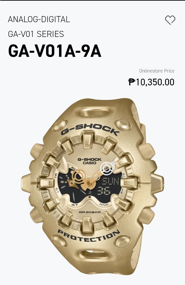 Casio G-Shock GA-V01-4A (Category: Luxury Watches) located in Marikina City. Submitted by plus6three (Listing ID 1457996626, Image 3). Description: For Sale: Casio G-Shock GA-V01-4A 8,500php Negotiable Case size (L× W× H) 49.1 × 58.2 × 19.6 mm Weight 74 g Case and bezel material Resin Band Resin Band Construction Shock Resistant Water resistance 200-meter water resistance Power supply and battery life Approx. battery life: 10 years on CR2025 Glas