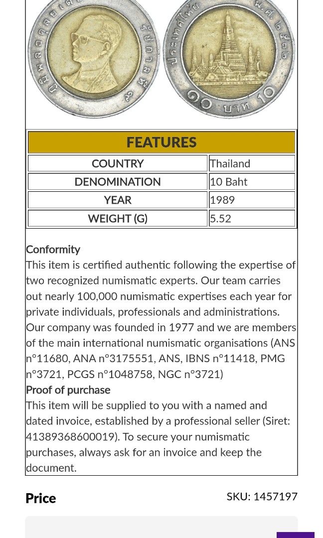 Coin, Thailand, 10 Baht, 1989 (Category: Currency) located in Pasig City. Submitted by keekeedee (Listing ID 1457989549, Image 3). Description: Coin, Thailand, 10 Baht, 1989.