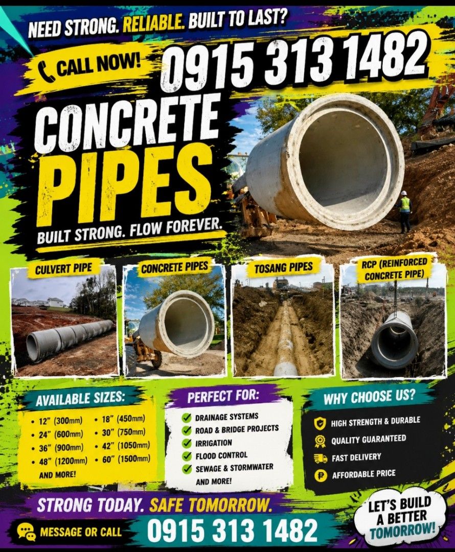 CONCRETEPIPES, RCP, CULVERT, IRRIGATION and construction (Category: Construction & Building Materials) located in Manila. Submitted by eztrabonan91146 (Listing ID 1457929217, Image 1). Description: - Built strong to last: High-strength concrete pipes. - Product Range: Culvert pipes, concrete pipes, tosang pipes, RCP. - Sizes Available: 12" (300mm) up to 60" (1500mm) and larger. - Ideal Applications: Road & bridge projects, irrigation, flood contr