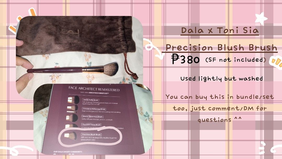DALA x Toni Sia Makeup Brush (Category: Makeup) located in Cauayan City . Submitted by rhianajel (Listing ID 1458018380, Image 1). Description: -SF is included in the price listed above -with net and packet (no box) -velvet pouch can be given if you order 2+ brushes -slightly used -RFS: need money.