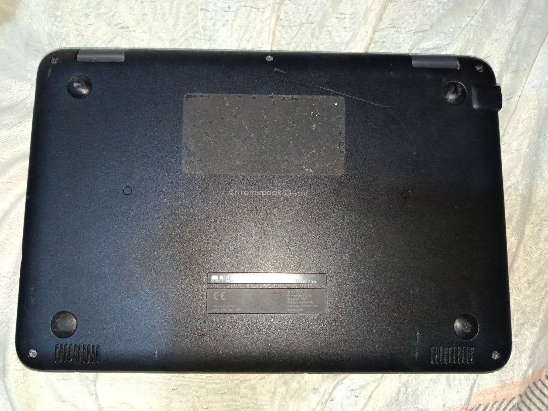 Dell Chromebook (Category: Laptops & Notebooks) located in Cabiao. Submitted by patreeeess (Listing ID 1458005006, Image 2). Description: good for basic schoolwork, browsing, Google Docs, and online learning. 11.6" display, Intel Celeron processor, Chrome OS, and eMMC storage. Has visible signs of use and cosmetic wear, as shown in photos. Selling as-is..