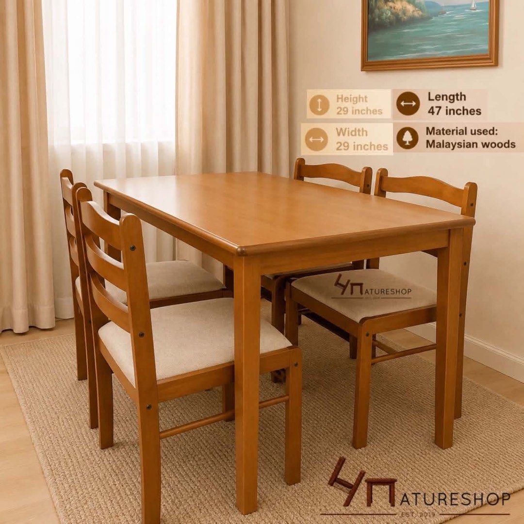 Dining Set (Category: Tables & Sets) located in Las Pinas. Submitted by prelovedbyb3v (Listing ID 1457950883, Image 1). Description: - 4-seater dining set - Made from durable Malaysian wood - Table dimensions: 47" (Length) x 29" (Width) x 29" (Height) - Chairs feature comfortable cushioned seats - Available colors: Natural Wood, Black, Coffee Brown - Ideal for compact dining areas or small spaces How to order? - Message me here. - Message in blue