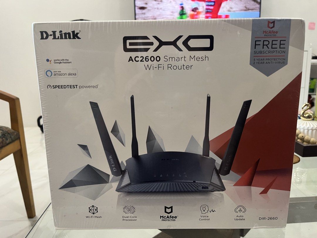 D-Link EXO AC2600 Smart Mesh Wi-Fi Router DIR-2660 (Category: Networking) located in Las Pinas. Submitted by iamvikkio (Listing ID 1457923896, Image 2). Description: - D-Link EXO AC2600 Smart Mesh Wi-Fi Router (Model DIR-2660) - Seamless Wi-Fi Mesh coverage for your entire home - Powered by Speedtest for optimal performance - Voice control compatible with Google Assistant and Amazon Alexa - Includes 5-year McAfee protection - Includes 2-year anti