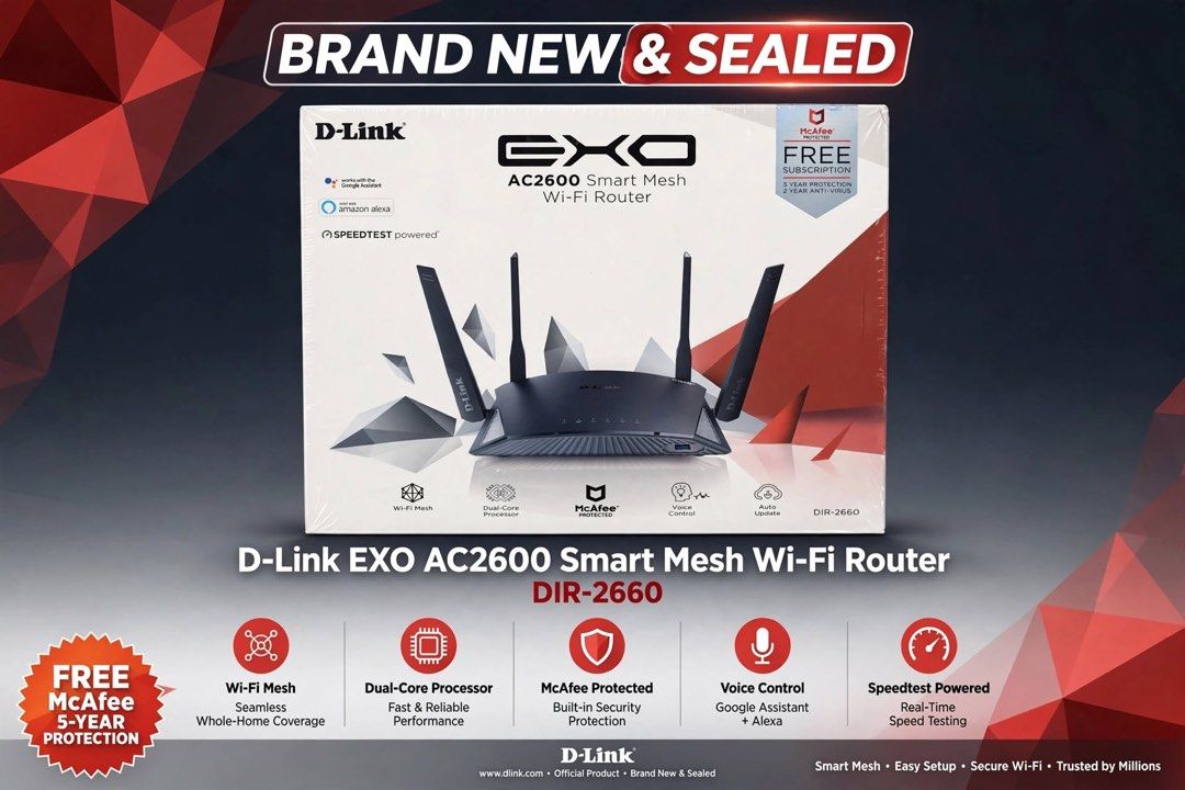D-Link EXO AC2600 Smart Mesh Wi-Fi Router DIR-2660 (Category: Networking) located in Las Pinas. Submitted by iamvikkio (Listing ID 1457923896, Image 1). Description: - D-Link EXO AC2600 Smart Mesh Wi-Fi Router (Model DIR-2660) - Seamless Wi-Fi Mesh coverage for your entire home - Powered by Speedtest for optimal performance - Voice control compatible with Google Assistant and Amazon Alexa - Includes 5-year McAfee protection - Includes 2-year anti