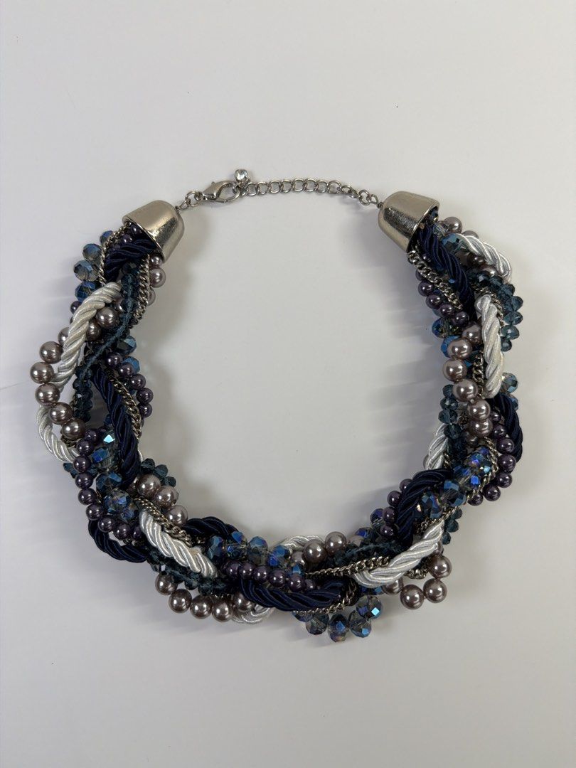 Ever New Multi-strand Beaded and Braided Statement Necklace (Category: Necklaces) located in Quezon City. Submitted by shoppingcartmnl (Listing ID 1457972712, Image 2). Description: - Chunky statement necklace - Features navy blue cords, silver chains, grey pearls, and blue crystal beads - Silver-tone clasp and extender chain - Bold accessory to complete any outfit - Measures approximately 18 inches with a 3-inch extender.