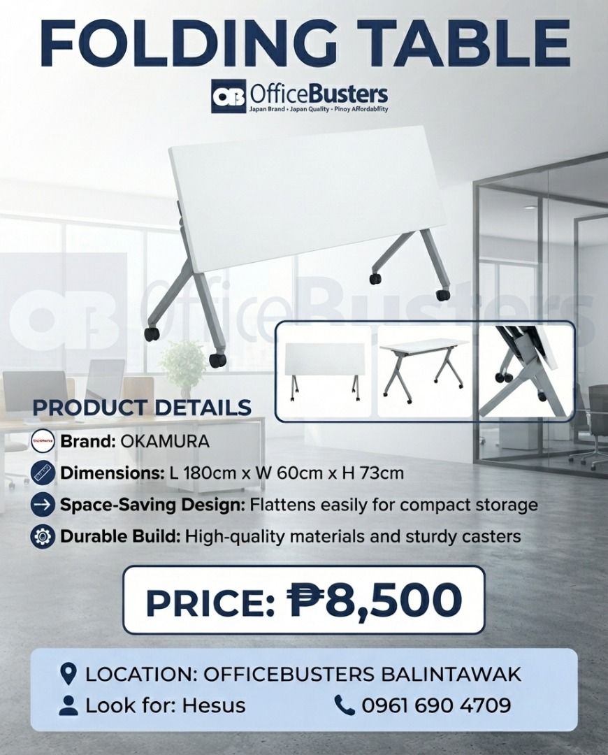 FOLDING TABLE (Category: Tables & Sets) located in Valenzuela. Submitted by jesspesongco (Listing ID 1457974130, Image 1). Description: FOLDING TABLE BRAND: OKAMURA SIZE: L:180cm W:60cm H:73cm PRICE: 8,500 📍 LOCATION: OFFICEBUSTERS BALINTAWAK 👤 Look for: Hesus 📞 0961 690 4709.
