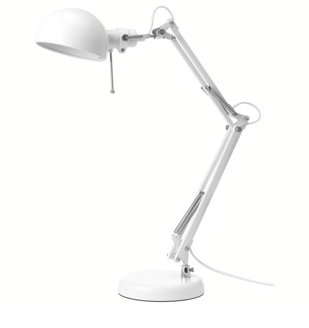 Forsa table lamp (Category: Lighting) located in Paranaque City. Submitted by jzet23 (Listing ID 1457931538, Image 2). Description: FORSÅ Classic style work lamp in steel that will brighten up your day. The arm and shade are adjustable which makes it a great lamp for reading by the desk, bed or sofa. Material Arm/ Base/ Shade: Steel, Powder coating Weight: Reinforced EVA plastic Care Wipe clean using a damp cloth and a mild cleaner. Wipe dry with