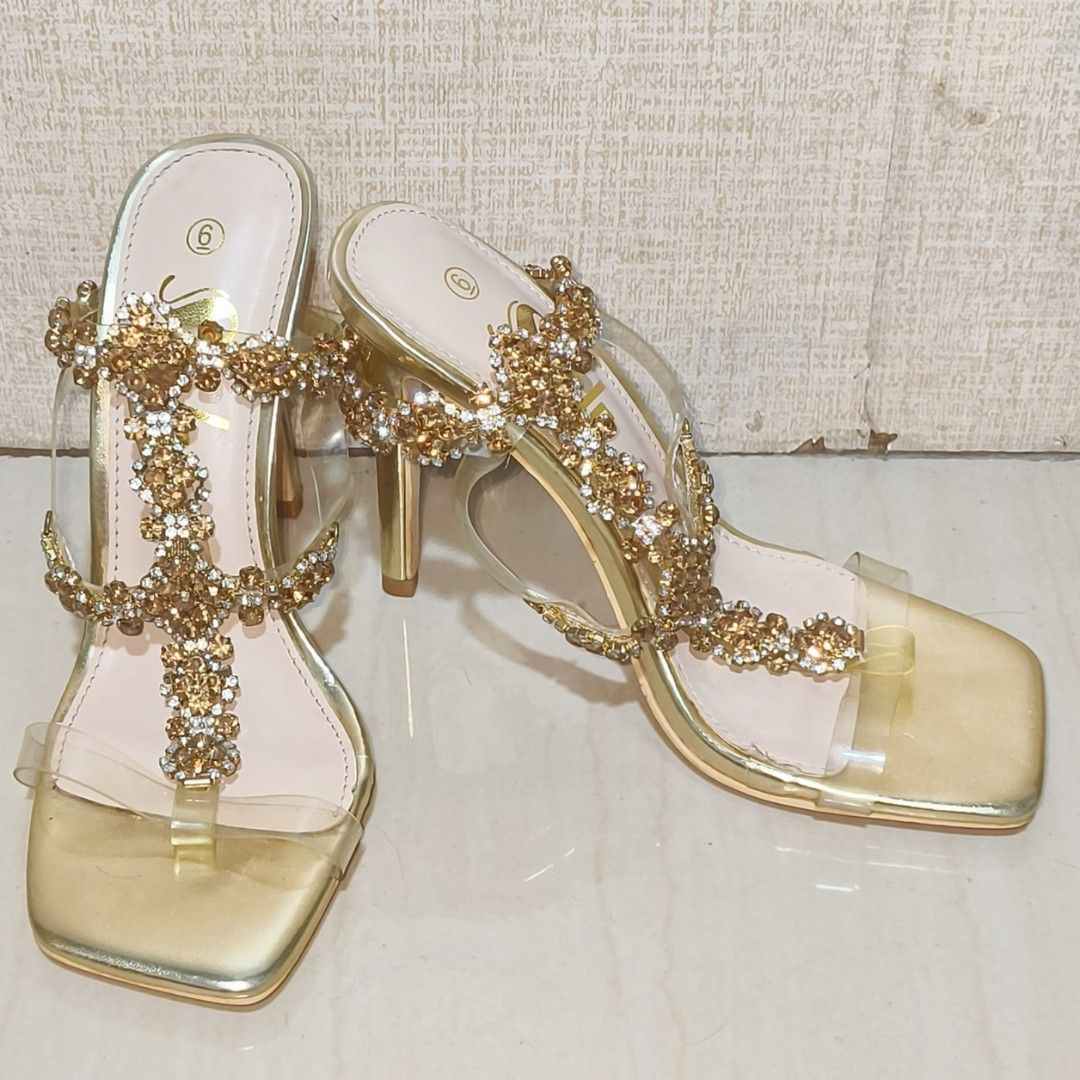 Rhinestone Ankle Strap Open Toe Heels | Size 6 (Category: Heels) located in Angono. Submitted by beavocado (Listing ID 1458034919, Image 3). Description: Bought from SHEIN Size: 36 Color: Gold Heel Height: 4.5 inches No issue, minimal sign of use Meet-up: SM Angono Delivery: Lalamove or J&T (buyer books and shoulders fee).