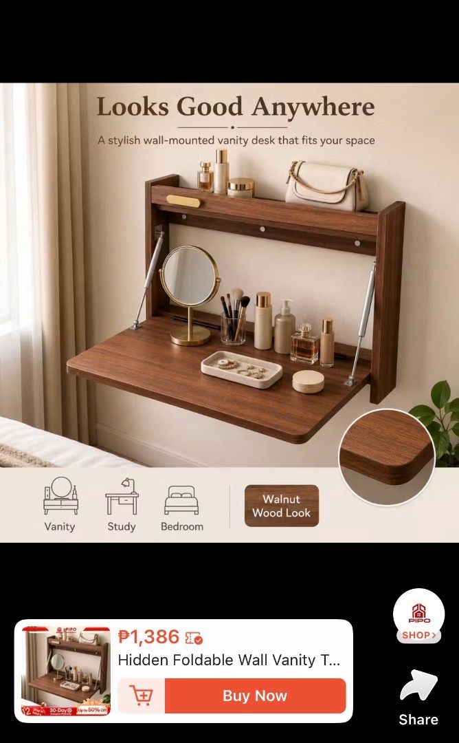 Hidden Foldable Wall Vanity Table Space Saving Makeup Desk Storage (Category: Shelves, Cabinets & Racks) located in Caloocan City. Submitted by venrathimm_ (Listing ID 1458002005, Image 1). Description: ❗️BRAND NEW❗️ Hello, selling this brand new item kasi hindi po siya kasya sa room ko and masyado pong mabigat yung kahoy para sa wall ko. Thank you!.