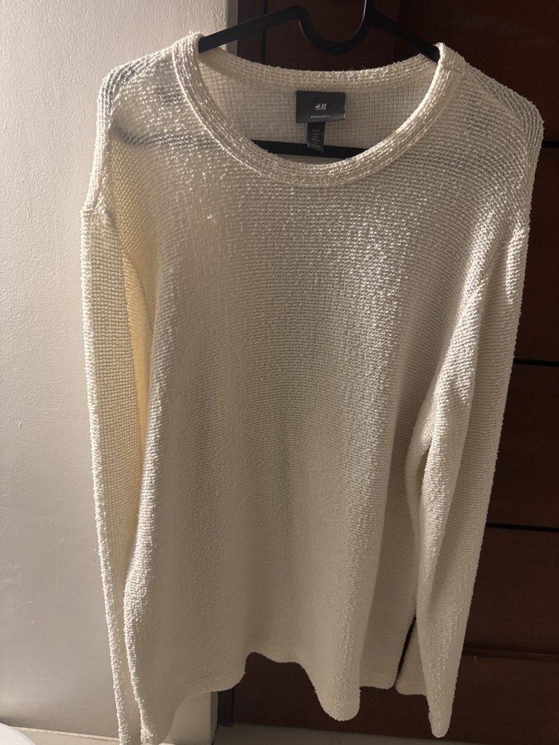 H&M Regular Fit Textured Knit Sweater (Category: Coats, Jackets and Outerwear) located in Bacoor. Submitted by cosmic_keonho (Listing ID 1458051244, Image 1). Description: - Cream colored H&M sweater - Regular fit -Length 29 inches/Width 20 inches - Textured knit material - Long sleeves - Crew neck - Cozy and casual style - Great for layering or wearing solo.