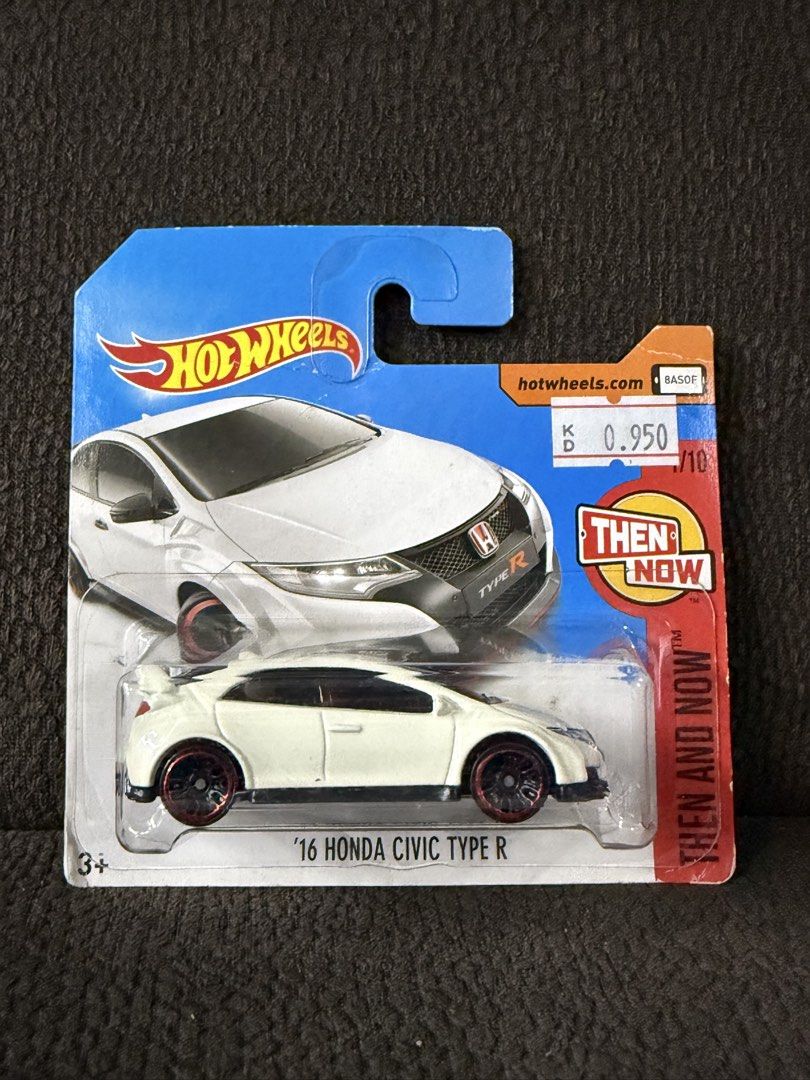 Hot Wheels '16 Honda Civic Type R (Category: Vehicle & Diecast Models) located in Muntinlupa City. Submitted by eman_garcia_ (Listing ID 1458050686, Image 1). Description: - White '16 Honda Civic Type R Hot Wheels car - Features striking red rims - Part of the 'Then and Now' series - Original packaging included - Ideal for both collectors and playtime.