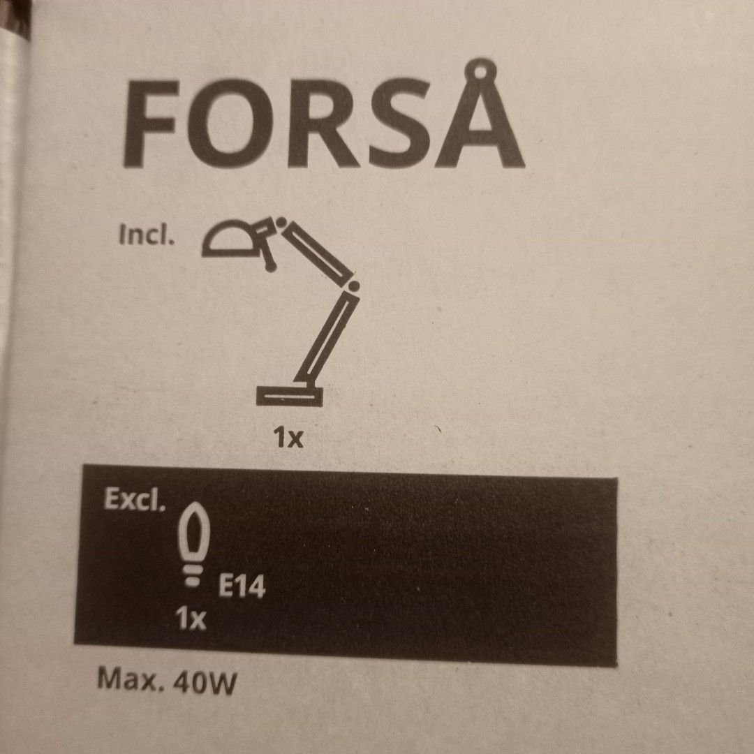 IKEA FORSÅ Work Lamp White (Category: Lighting) located in Makati City. Submitted by jayzet (Listing ID 1457935306, Image 1). Description: FORSÅ Classic style work lamp in steel that will brighten up your day. The arm and shade are adjustable which makes it a great lamp for reading by the desk, bed or sofa. Material Arm/ Base/ Shade: Steel, Powder coating Weight: Reinforced EVA plastic Care Wipe clean using a damp cloth and a mild cleaner. Wipe d