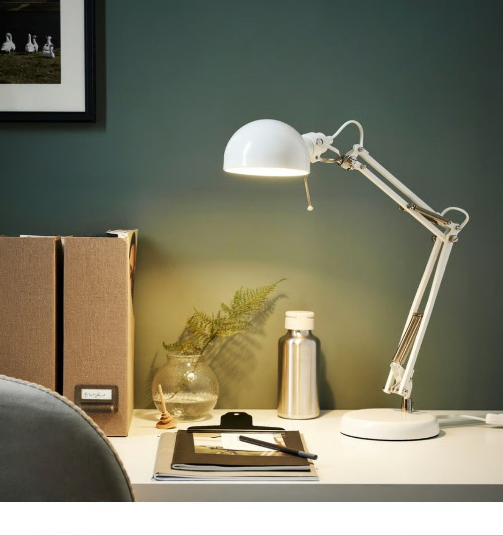 IKEA FORSÅ Work Lamp White (Category: Lighting) located in Makati City. Submitted by jayzet (Listing ID 1457935306, Image 3). Description: FORSÅ Classic style work lamp in steel that will brighten up your day. The arm and shade are adjustable which makes it a great lamp for reading by the desk, bed or sofa. Material Arm/ Base/ Shade: Steel, Powder coating Weight: Reinforced EVA plastic Care Wipe clean using a damp cloth and a mild cleaner. Wipe d