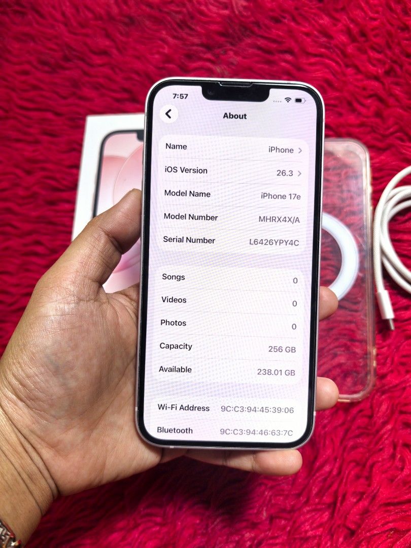 Iphone 17E 256GB Fu (Category: iPhone 17 Series) located in San Jose del Monte. Submitted by javaphile (Listing ID 1457940805, Image 2). Description: Iphone 17E 256gb Factory unlocked ZPA LOCAL VARIANT 100 % Batthealth - Small Dents sa Lower part, Hindi nakakaapekto Complete standard package 34k fixed sale Northcaloocan location Open for swap Direct Message mo lng ako😊.