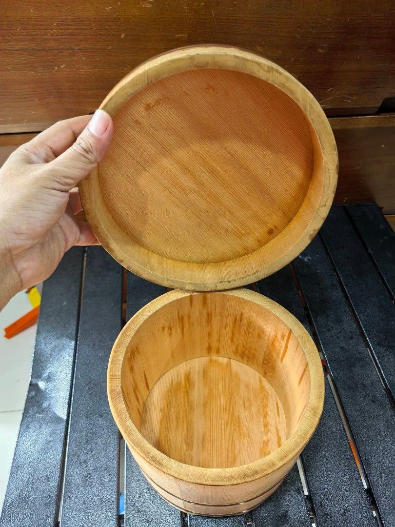 Japanese Wooden Rice Container (Category: Other Kitchenware & Tableware) located in Cebu City. Submitted by dudes_villanueva (Listing ID 1457961257, Image 2). Description: Japanese Wooden Rice Container 📌 Known as an ohitsu or edobitsu, reinforced with Copper metal bands. 📌 Type: Wooden rice tub or bucket with a matching lid. 📌 Material: Light-colored natural wood such as sawara cypress, bound with copper Bands. 📌 Purpose: Used to store fresh