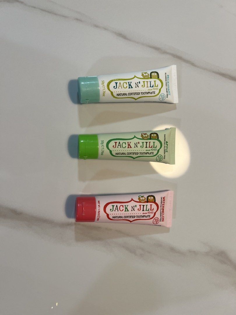 Kid toothpaste (Category: Baby Toiletries & Grooming) located in Singapore. Submitted by faster_than_sloth (Listing ID 1458053091, Image 2). Description: 3x Jack n Jilll toothpaste Flavor- Milkshake, watermelon & apple Selling as my kid shift to another toothpaste now. Exp in 2027 and 2028 (check photo) Selling 3 together at $18.
