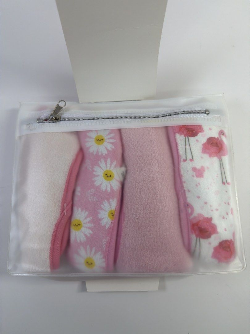 Makeup Remover Towels (Category: Makeup) located in Quezon City. Submitted by shoppingcartmnl (Listing ID 1457968995, Image 3). Description: - Set of 4 reusable makeup remover towels. - Eco-friendly and gentle on all skin types. - Effectively removes all kinds of makeup using only water. - Perfect for everyday use, home, and travel. - Machine washable for easy reuse. - Comes in a convenient clear pouch. - Features adorable daisy and flamingo desi