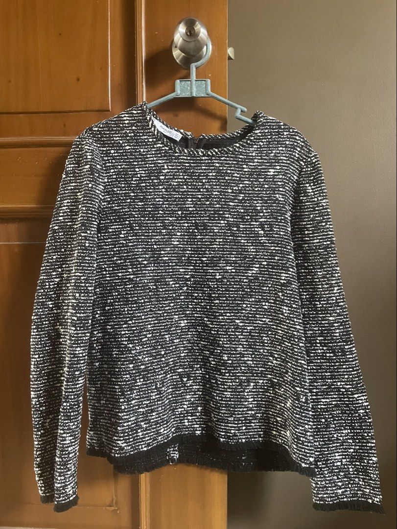 Mango Suit Black & White Tweed Knit Sweater (Category: Coats, Jackets and Outerwear) located in Quezon City. Submitted by cecillebuendia (Listing ID 1457949932, Image 1). Description: - Mango Suit black and white tweed knit sweater, US 4 (best for small to semi-medium) - Formal or casual pwede! Nice quality .