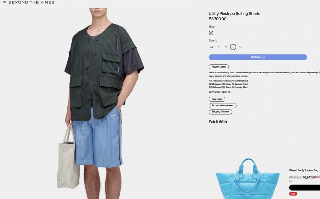 Men’s Trouse Shorts Blue Size L (Category: Shorts) located in Taguig. Submitted by jocends (Listing ID 1458085862, Image 2). Description: - Brand: Beyond The Vines - Style: Utility Pinstripe Suiting Shorts - Color: Blue - Size: L - Length: Knee-length - Fabric: Soft suiting fabric.