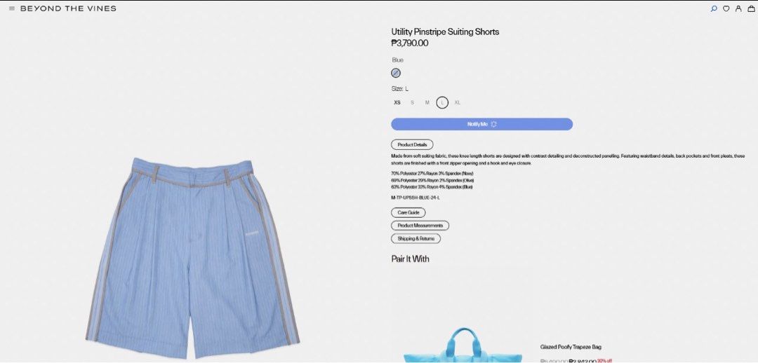 Men’s Trouse Shorts Blue Size L (Category: Shorts) located in Taguig. Submitted by jocends (Listing ID 1458085862, Image 1). Description: - Brand: Beyond The Vines - Style: Utility Pinstripe Suiting Shorts - Color: Blue - Size: L - Length: Knee-length - Fabric: Soft suiting fabric.